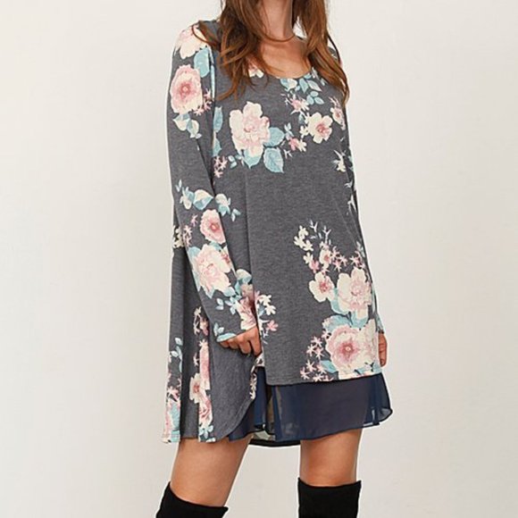 NEW Grey Navy Rose Floral Chiffon Scoop neck Layered Dress M Casual Boho - Picture 1 of 6